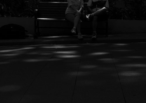 Two people sit on a bench in Hyde Park, Sydney, in deep dappled sunlight.