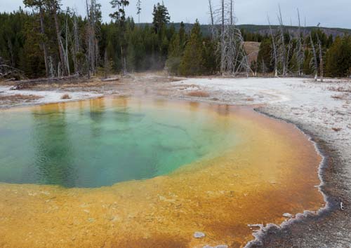 A calm pool of a geyser with rings of orange, yellow, and turquoise dominates the landscape. 